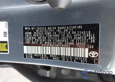 2022 Toyota Corolla Le z USA, uszkodzony, nr VIN 5YFVPMAE5NP280062